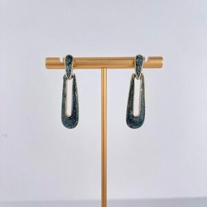 VTG Art Deco Holiday Glitter Dangle Earrings in Dark Green +‎ Gold Tone